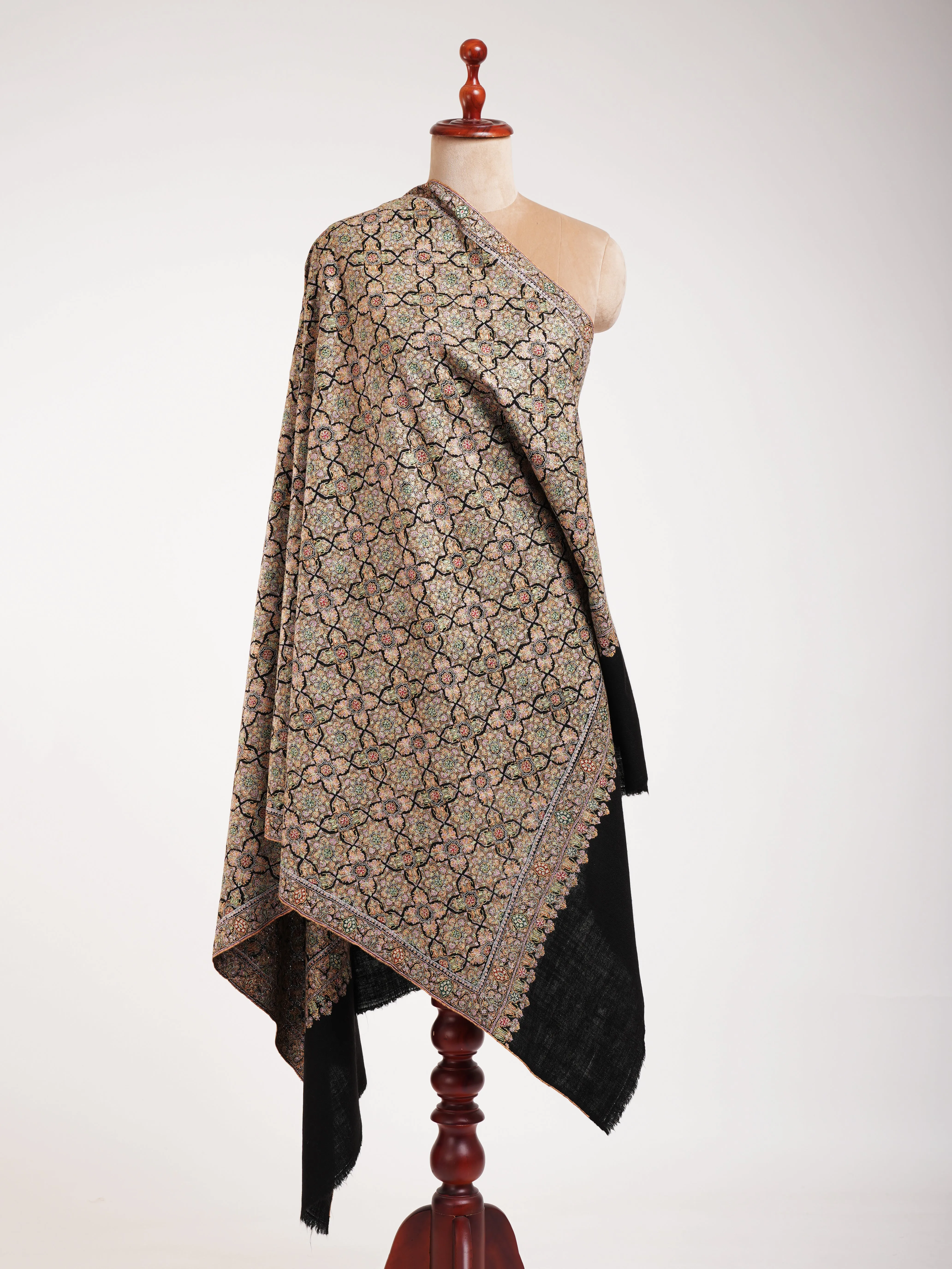 Black Hand Embroidered Geometric Pashmina Jamavar Shawl