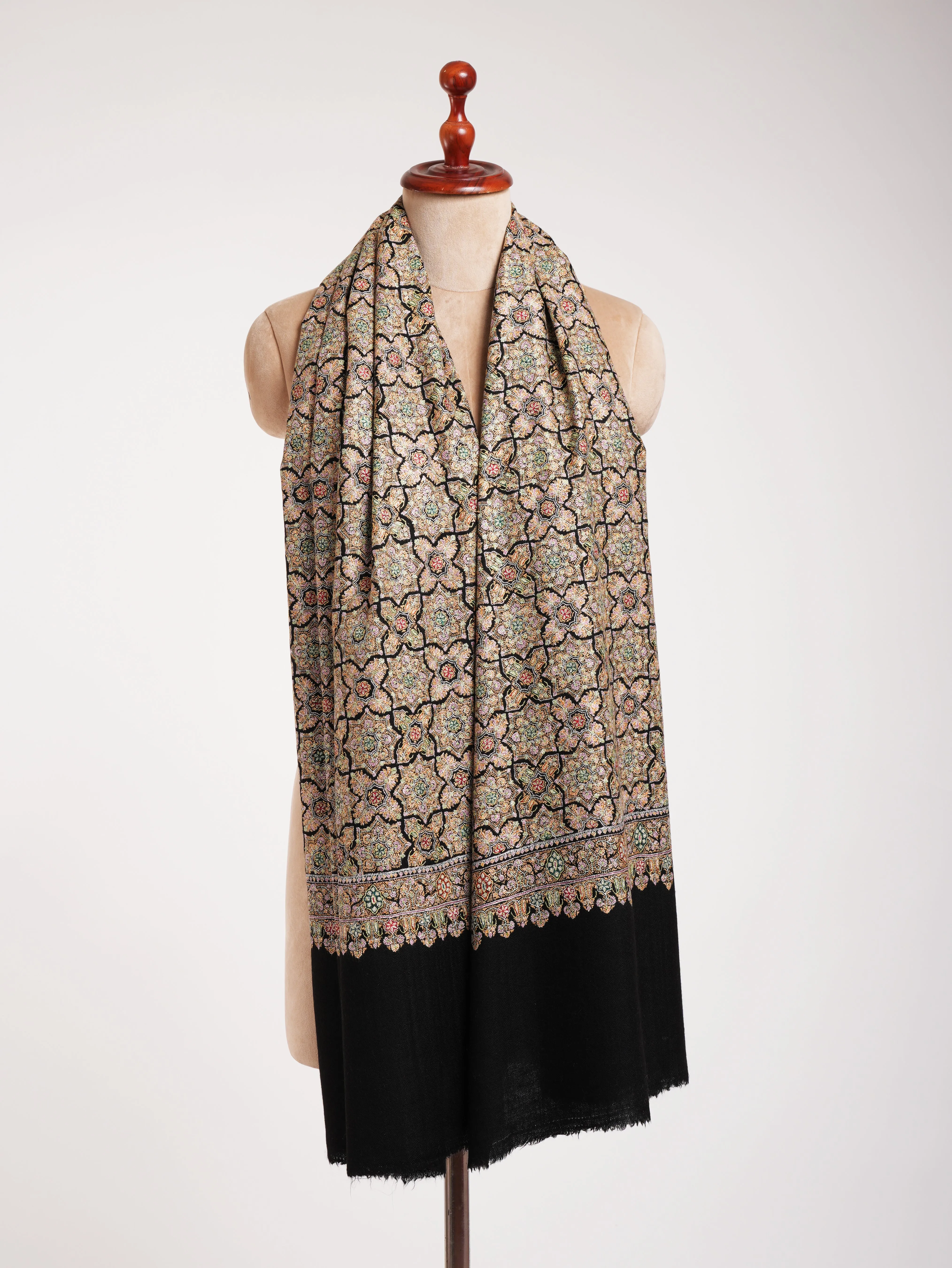 Black Hand Embroidered Geometric Pashmina Jamavar Shawl