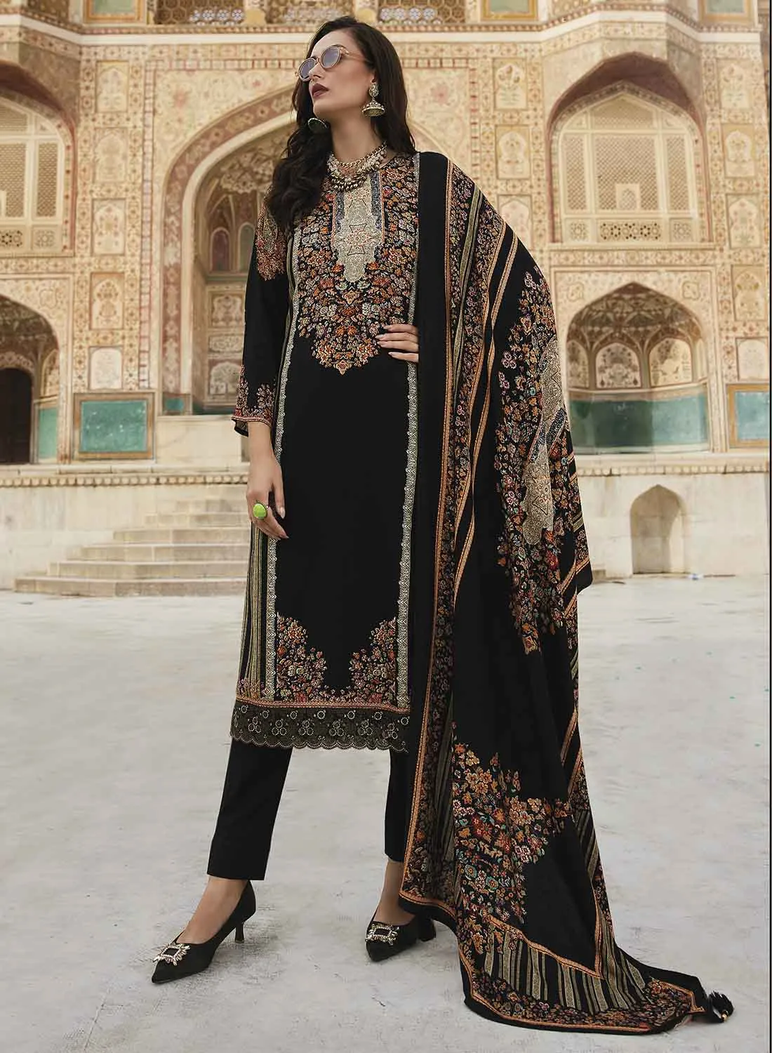 Black Pure Pashmina Unstitched Winter Suit Dress Material for Women