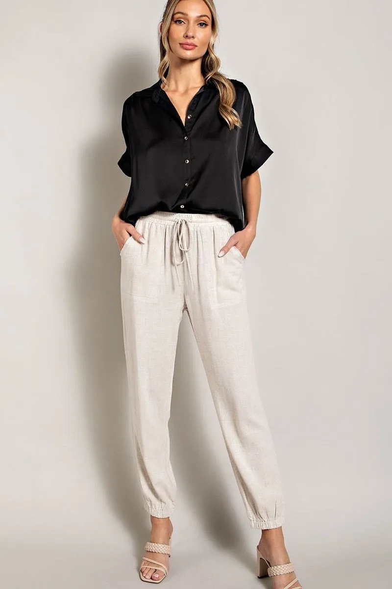 Black Satin Button Down Relax Fit Blouse