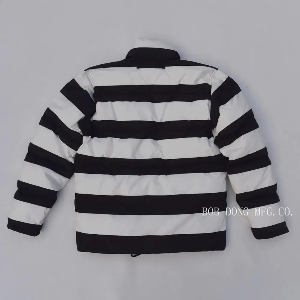 Black White Prison Stripe Down Jacket - Men's Rider Motorcycle Coat