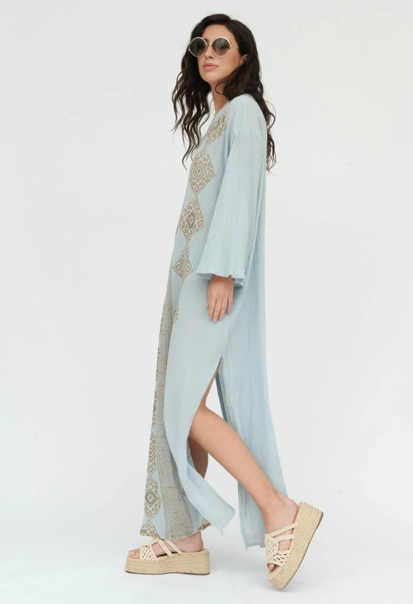 Blue Linen Tunic with Aztec Print