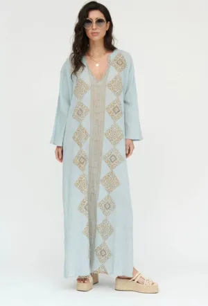 Blue Linen Tunic with Aztec Print