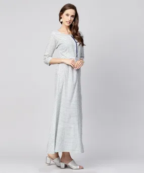 Blue Striped 3/4Th Sleeve Cotton A-Line Maxi Dress