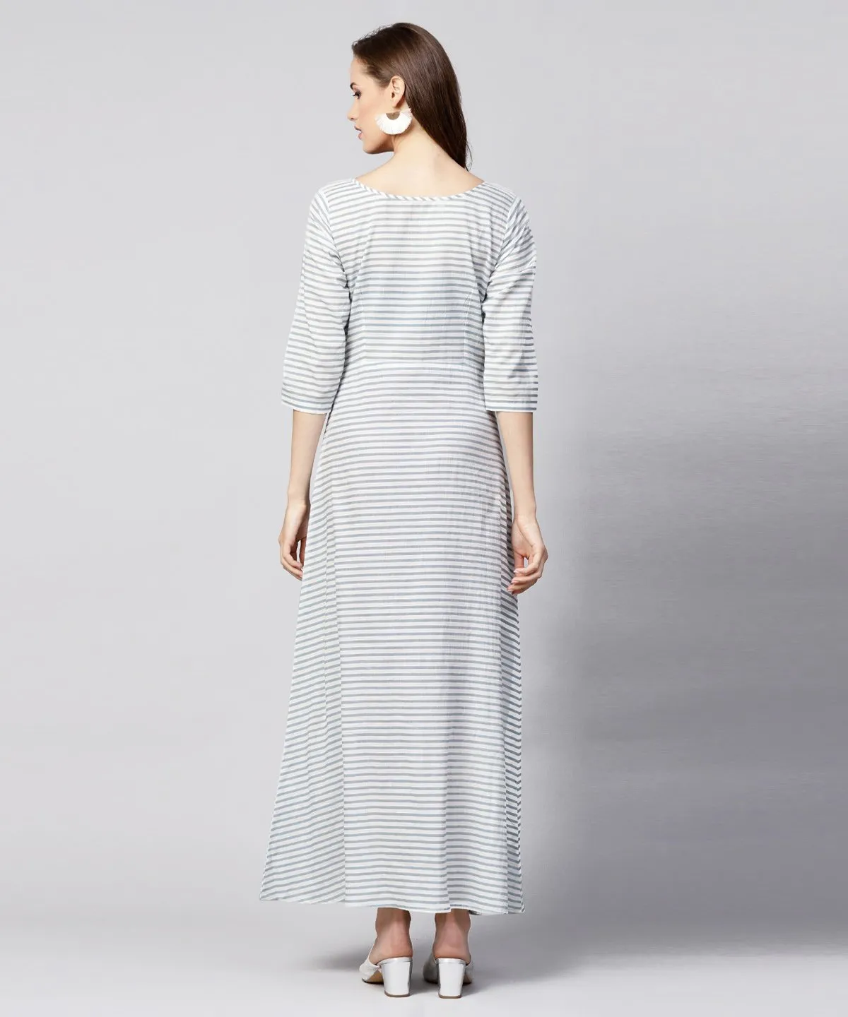 Blue Striped 3/4Th Sleeve Cotton A-Line Maxi Dress