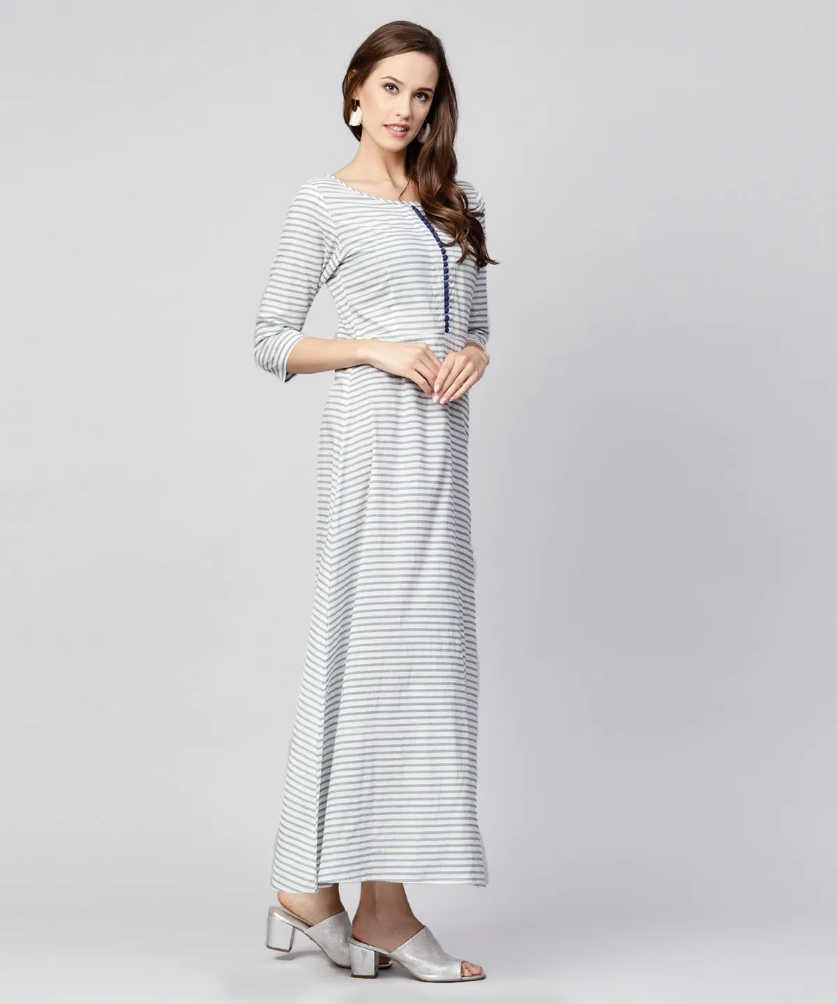 Blue Striped 3/4Th Sleeve Cotton A-Line Maxi Dress