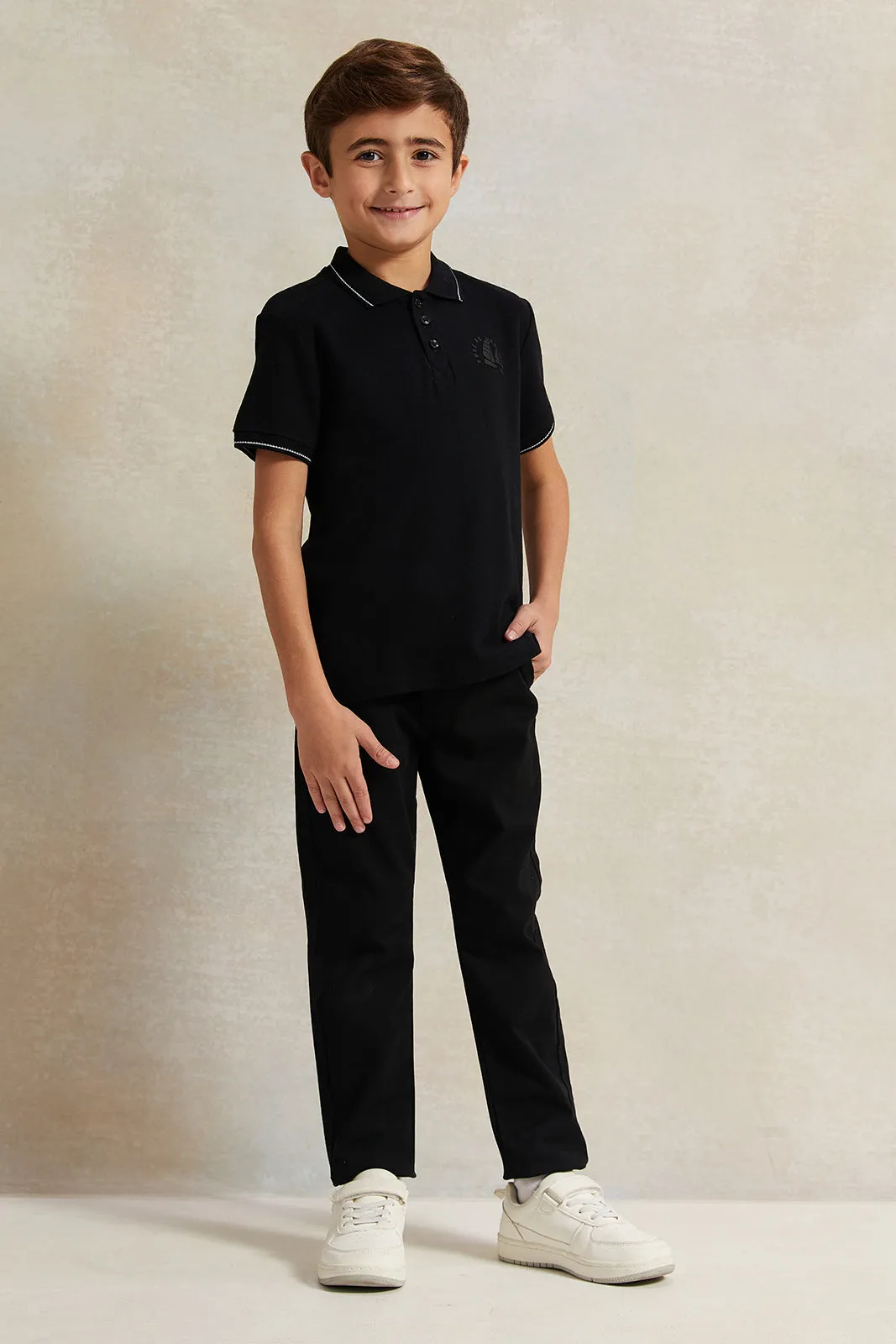 Boys Black Dobby Fabric Belted Trouser