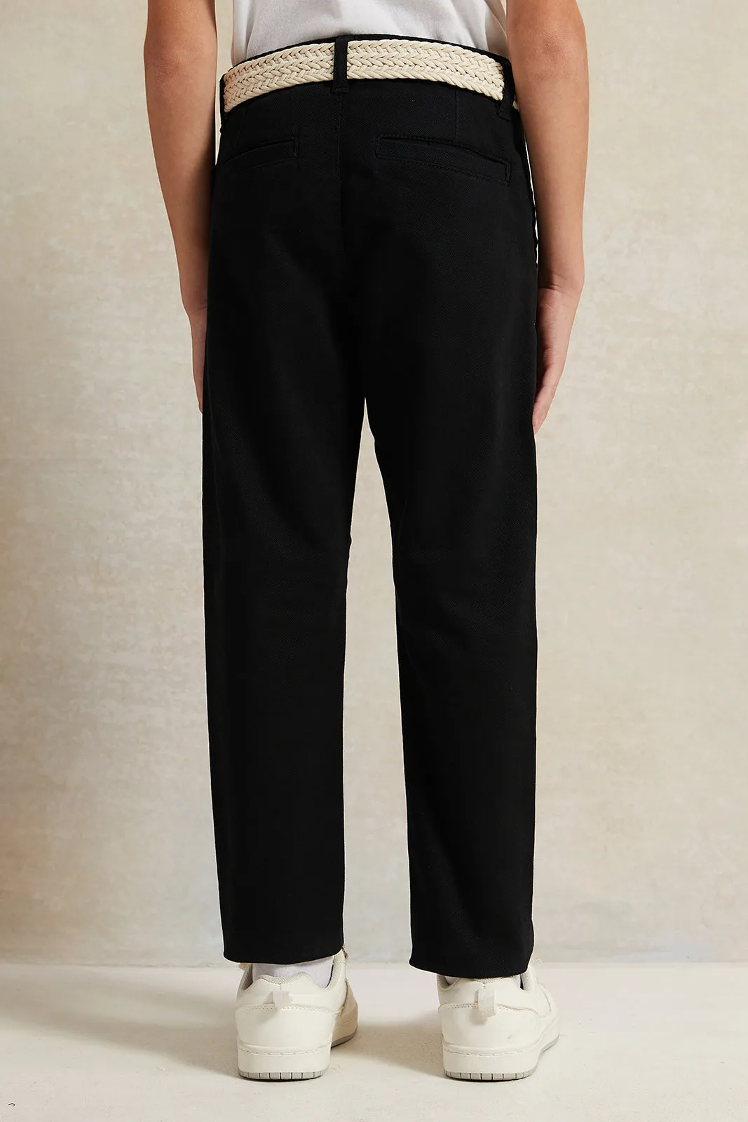 Boys Black Dobby Fabric Belted Trouser