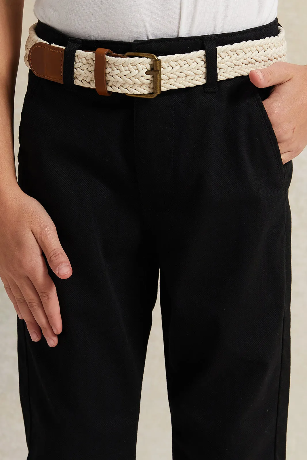 Boys Black Dobby Fabric Belted Trouser