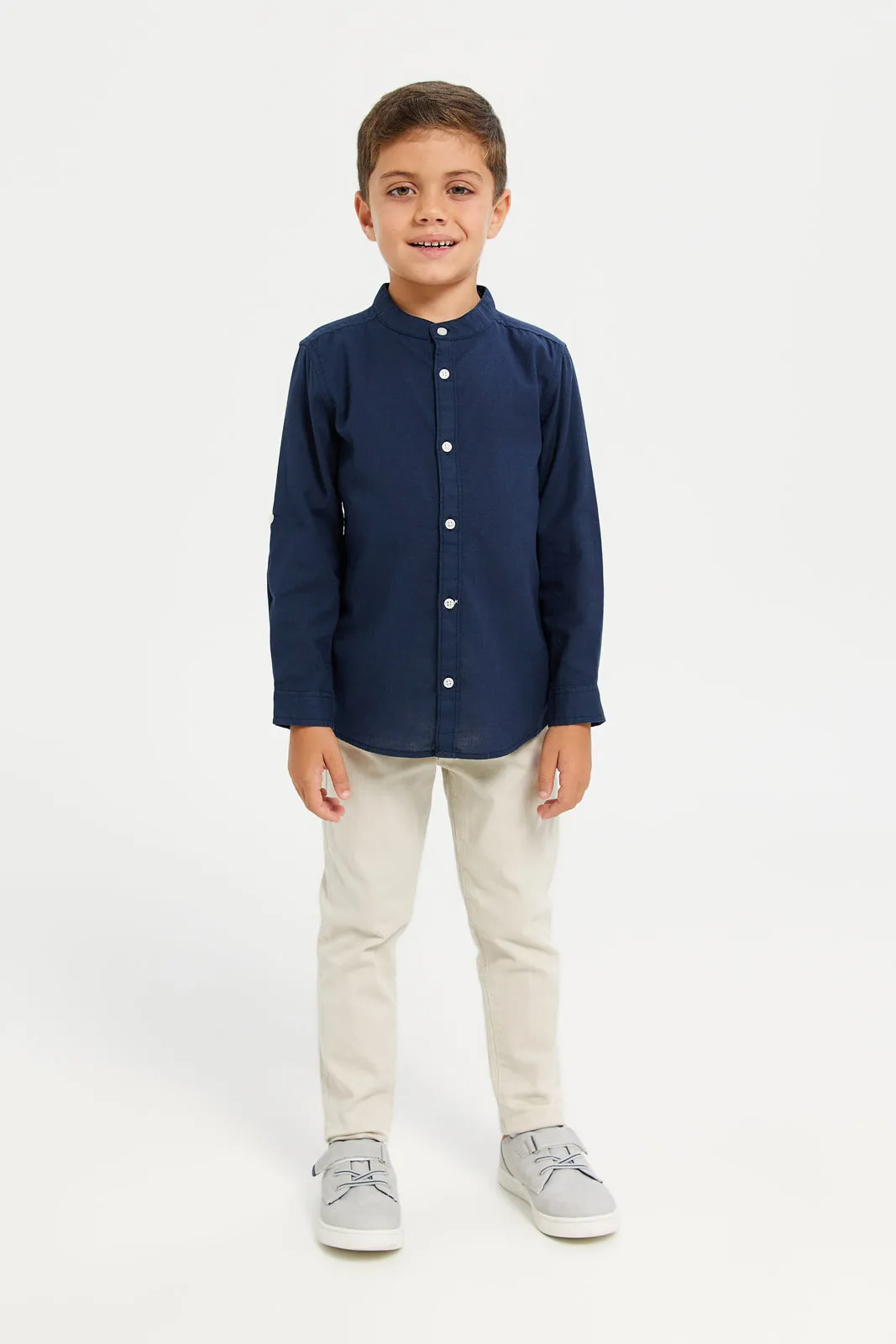 Boys Navy Long Sleeved Mandarin Shirt