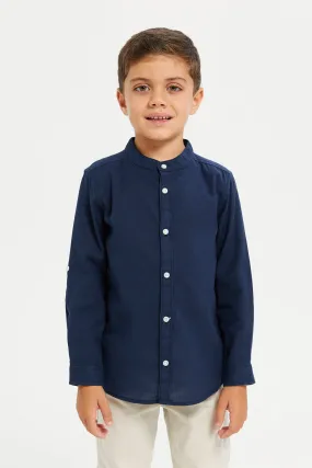 Boys Navy Long Sleeved Mandarin Shirt