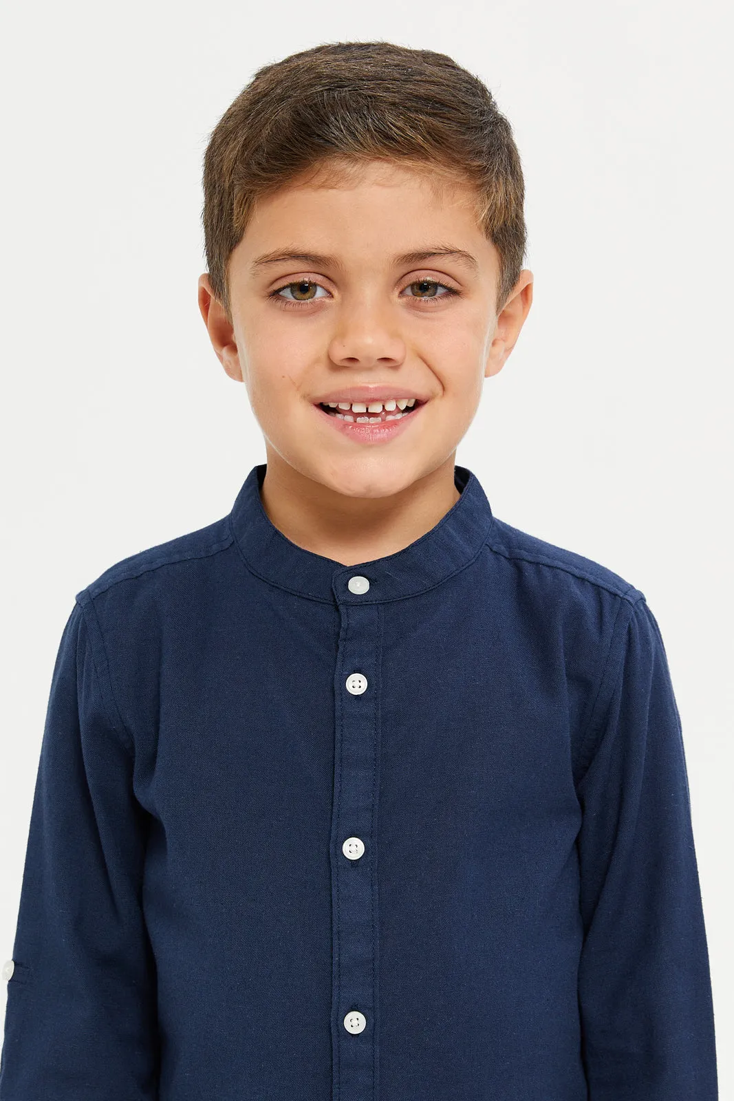 Boys Navy Long Sleeved Mandarin Shirt