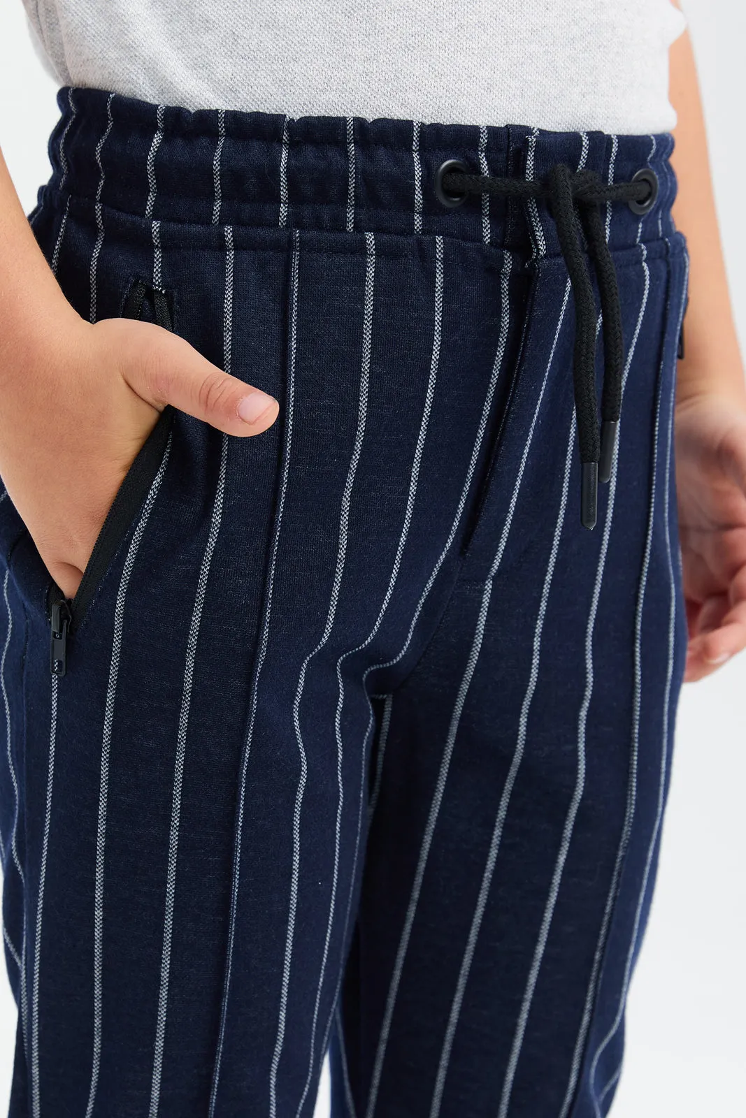 Boys Navy Striped Pull-On Trousers