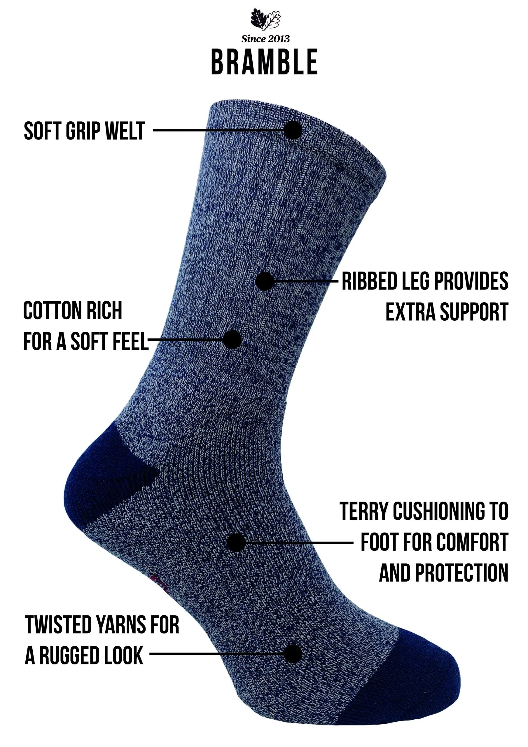 Bramble Mens All Terrain Walking Socks 3 Pair Pack – Blue Mix – Size 6-11