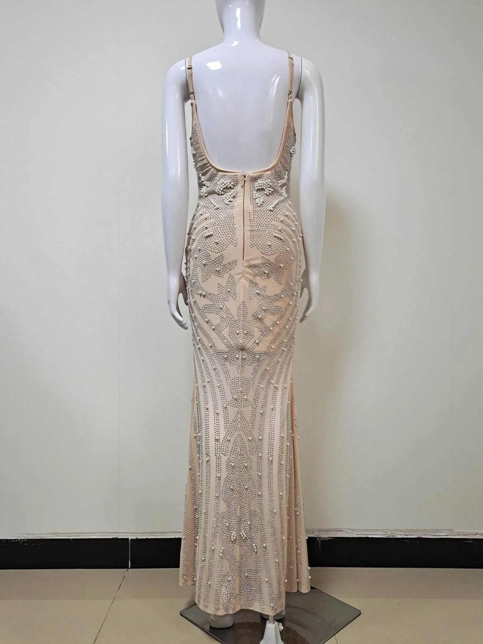 Cheyenne Spaghetti Strap Beaded Mesh Maxi Dress