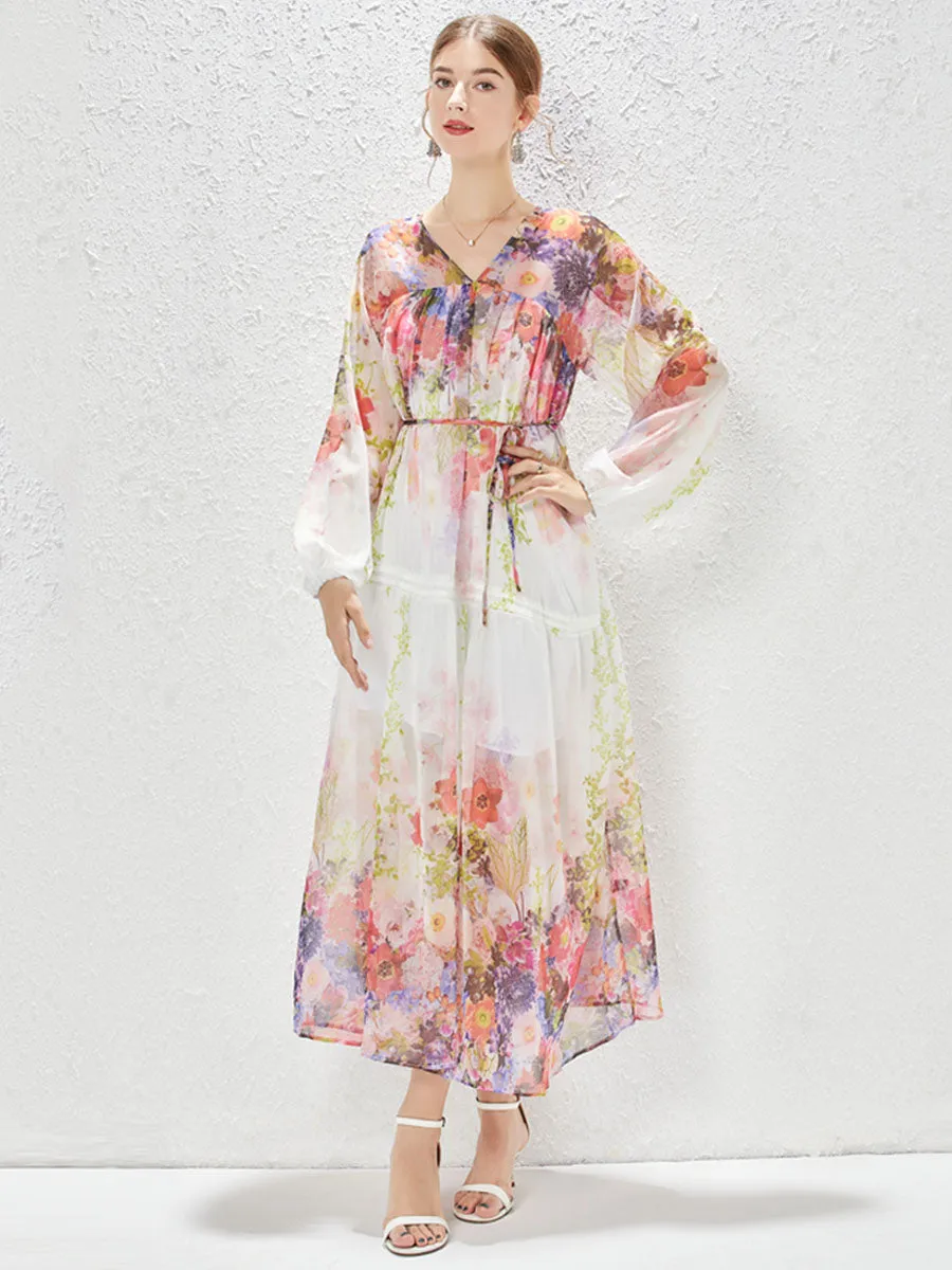 Chiffon V Neck Floral Printed Long Sleeves Swing Boho Dress with Belt