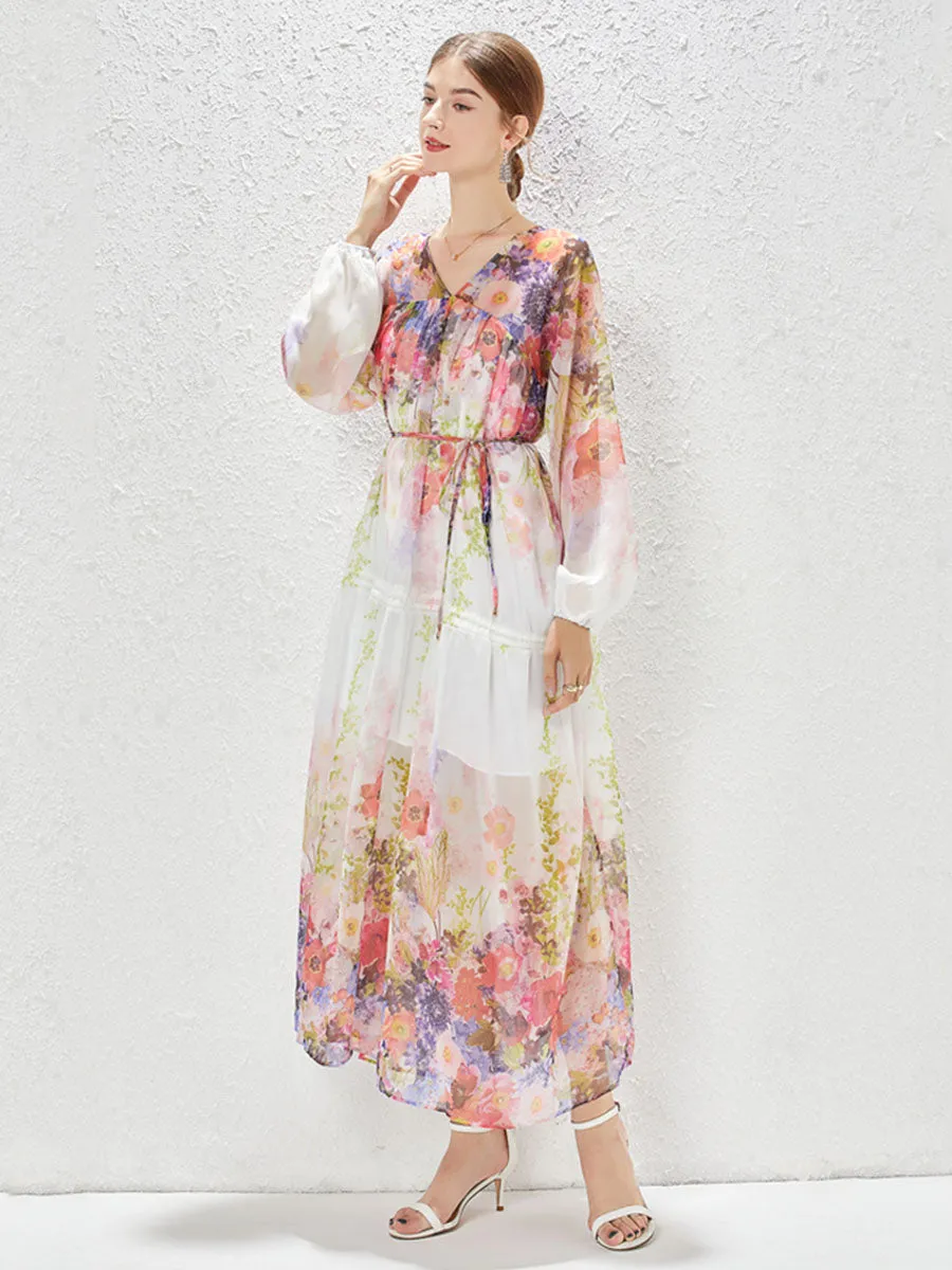 Chiffon V Neck Floral Printed Long Sleeves Swing Boho Dress with Belt