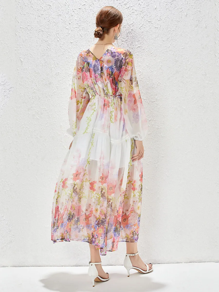 Chiffon V Neck Floral Printed Long Sleeves Swing Boho Dress with Belt