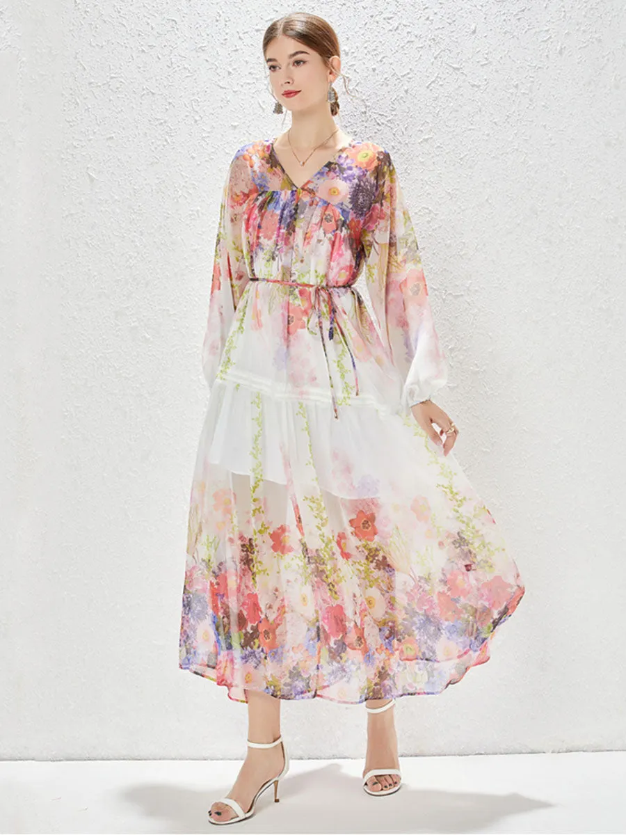 Chiffon V Neck Floral Printed Long Sleeves Swing Boho Dress with Belt