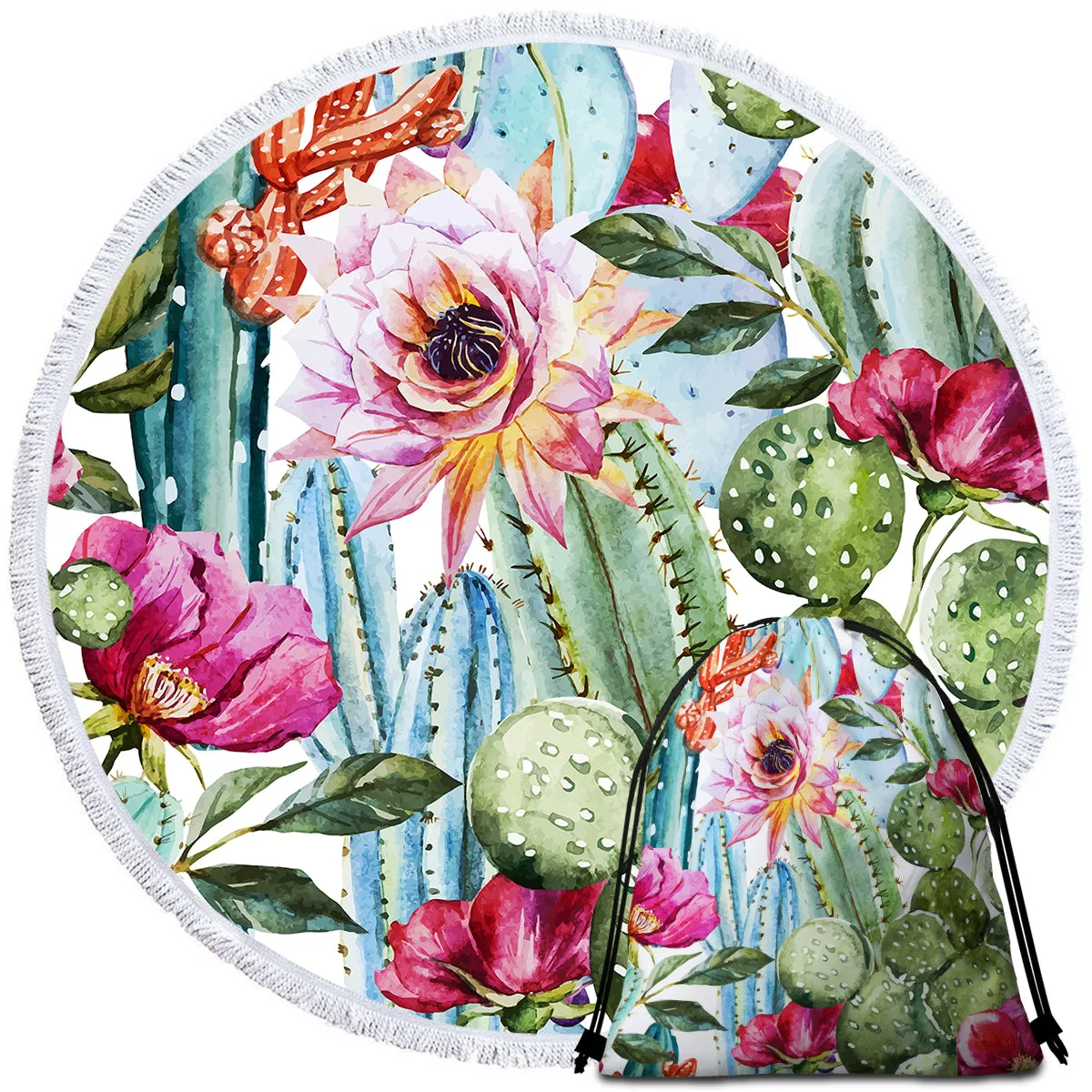 Colorful Cacti Round Beach towel