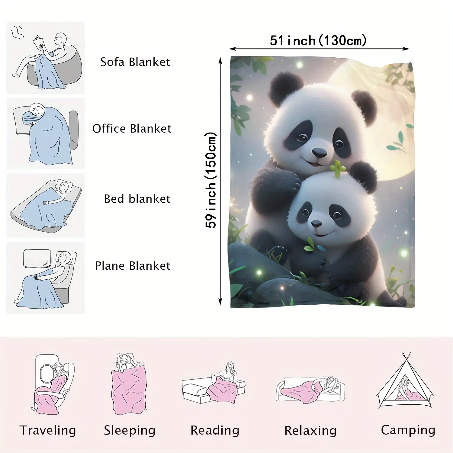 Cute Panda Flannel Blanket Soft Multipurpose Throw for Home  Outdoors