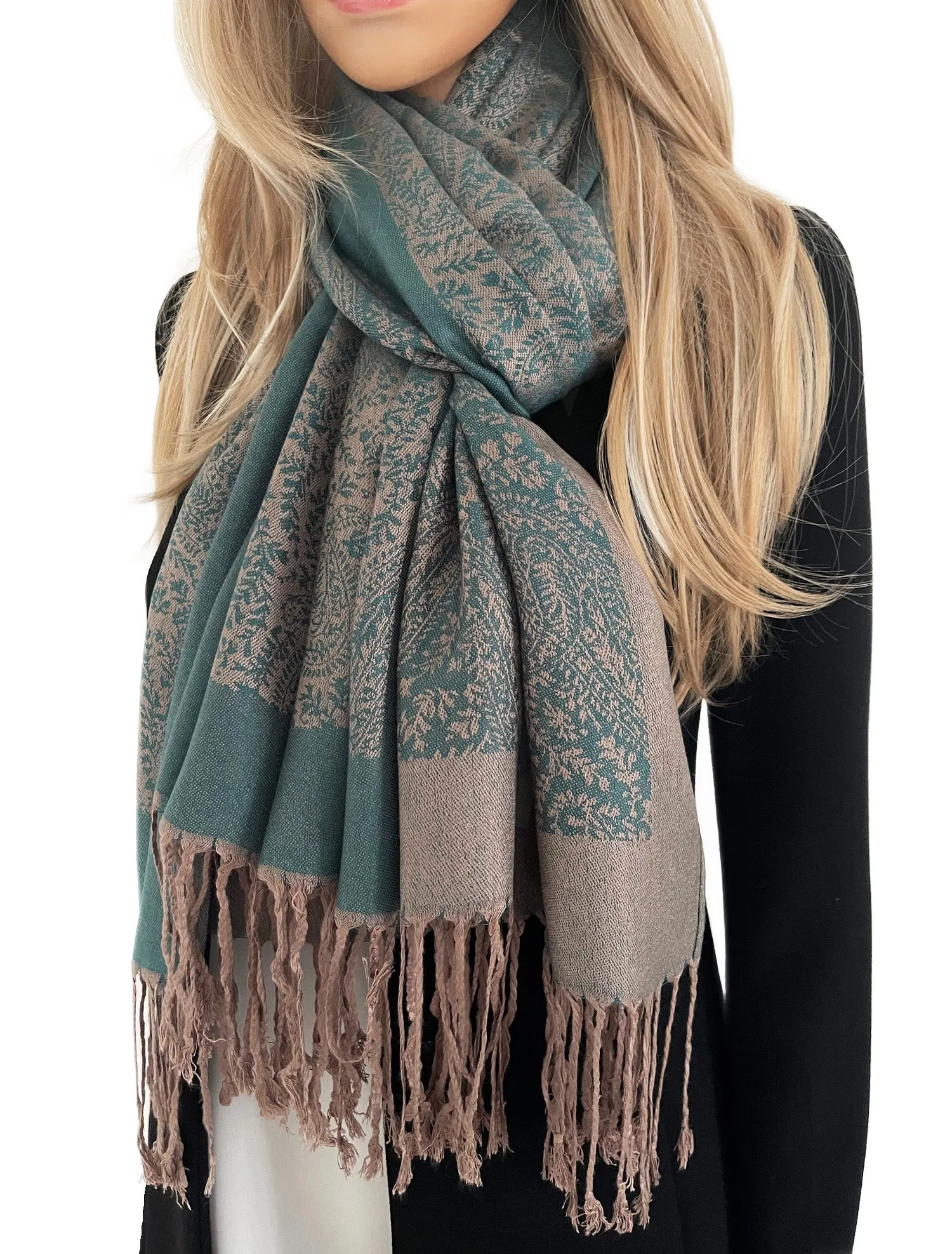 DARK GREEN PAISLEY PRINT REVERSIBLE PASHMINA SHAWL SCARF