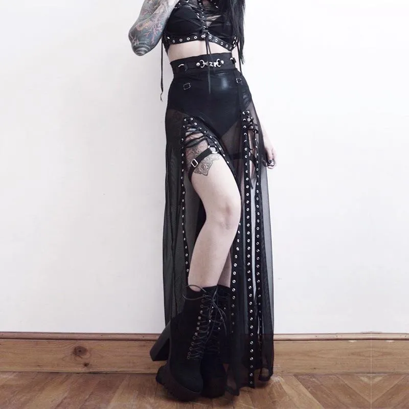 Dark Mesh See Through Long Skirt