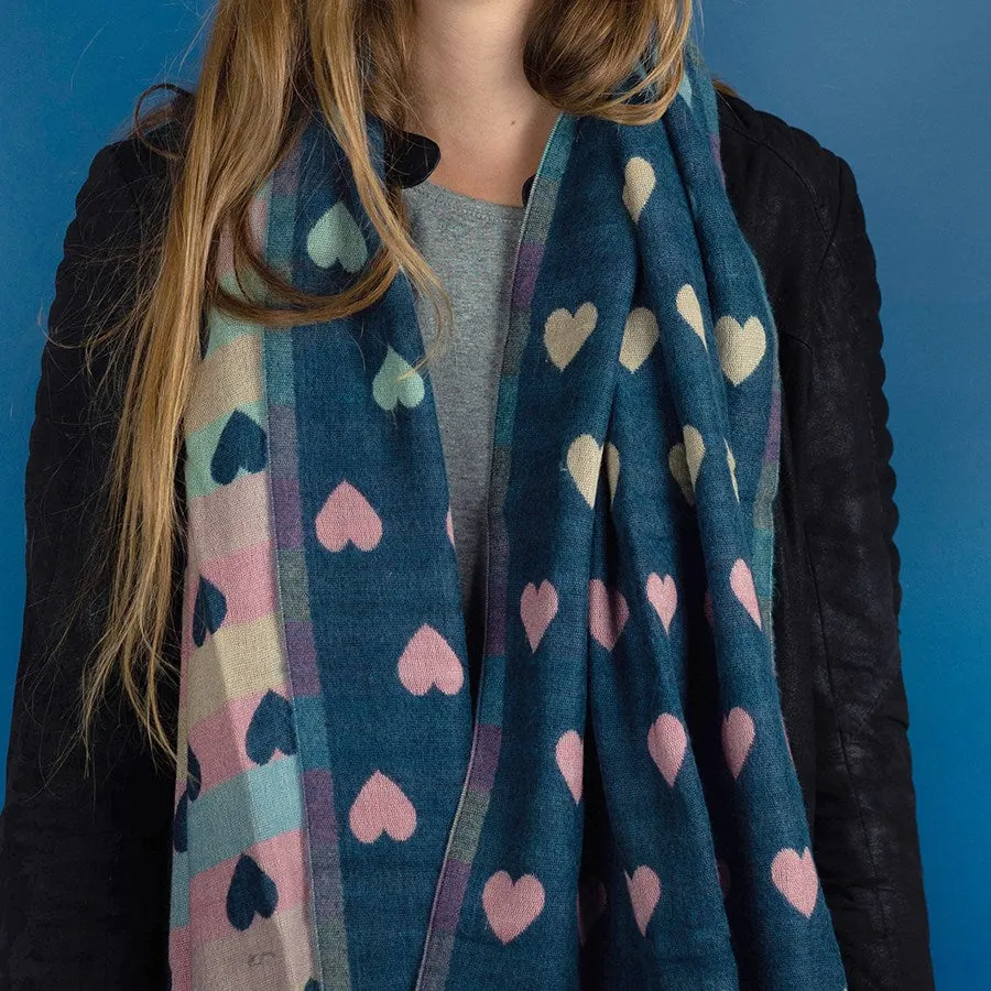 Denim & Pastel Reversible Multicoloured Heart & Check Scarf