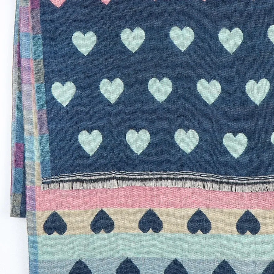 Denim & Pastel Reversible Multicoloured Heart & Check Scarf