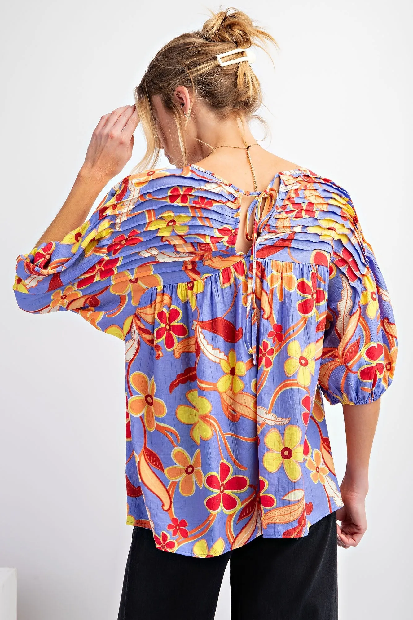 Easel Peach Blossom Print Top with Pintuck Details in Lilac Blue