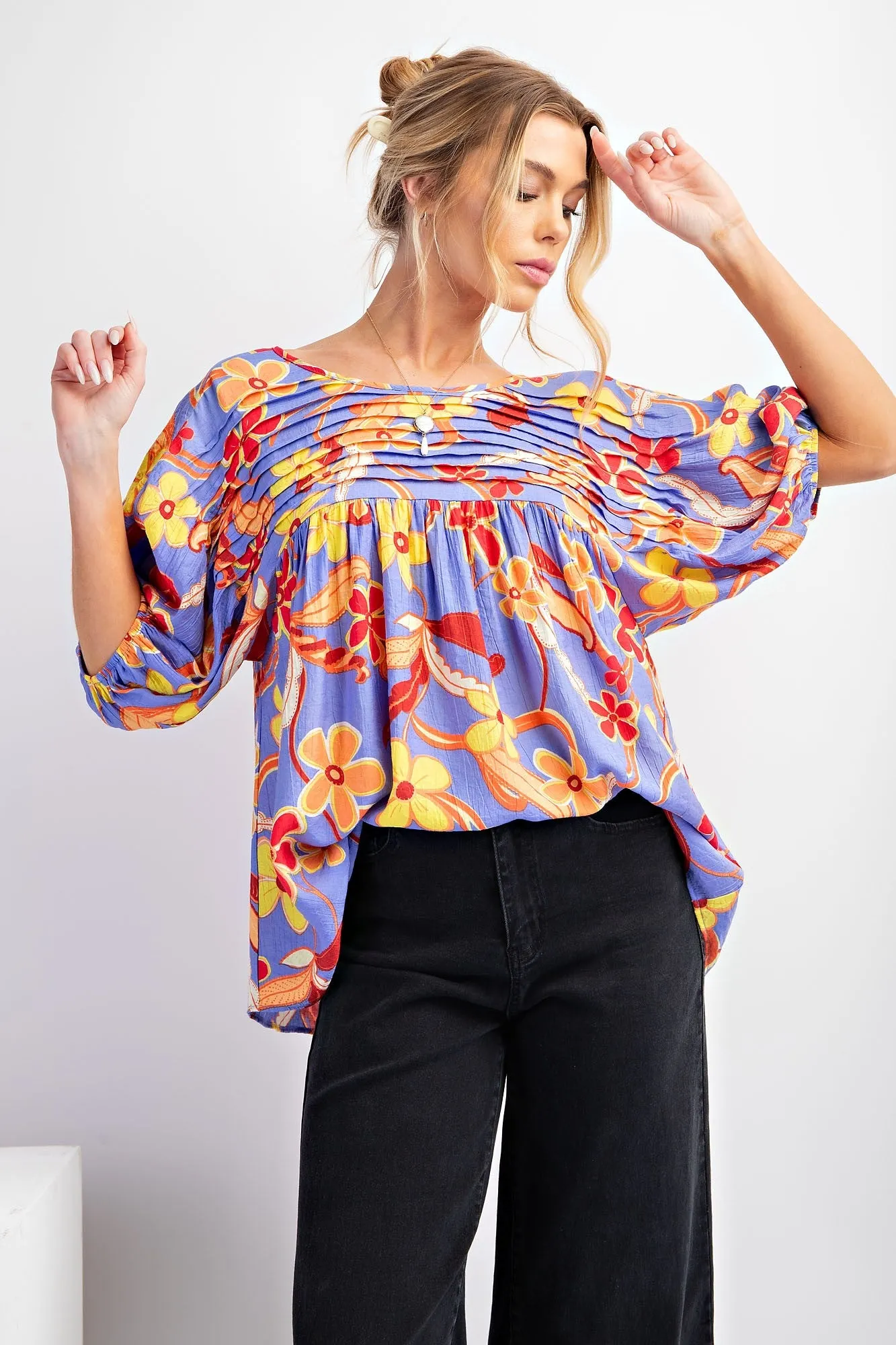 Easel Peach Blossom Print Top with Pintuck Details in Lilac Blue