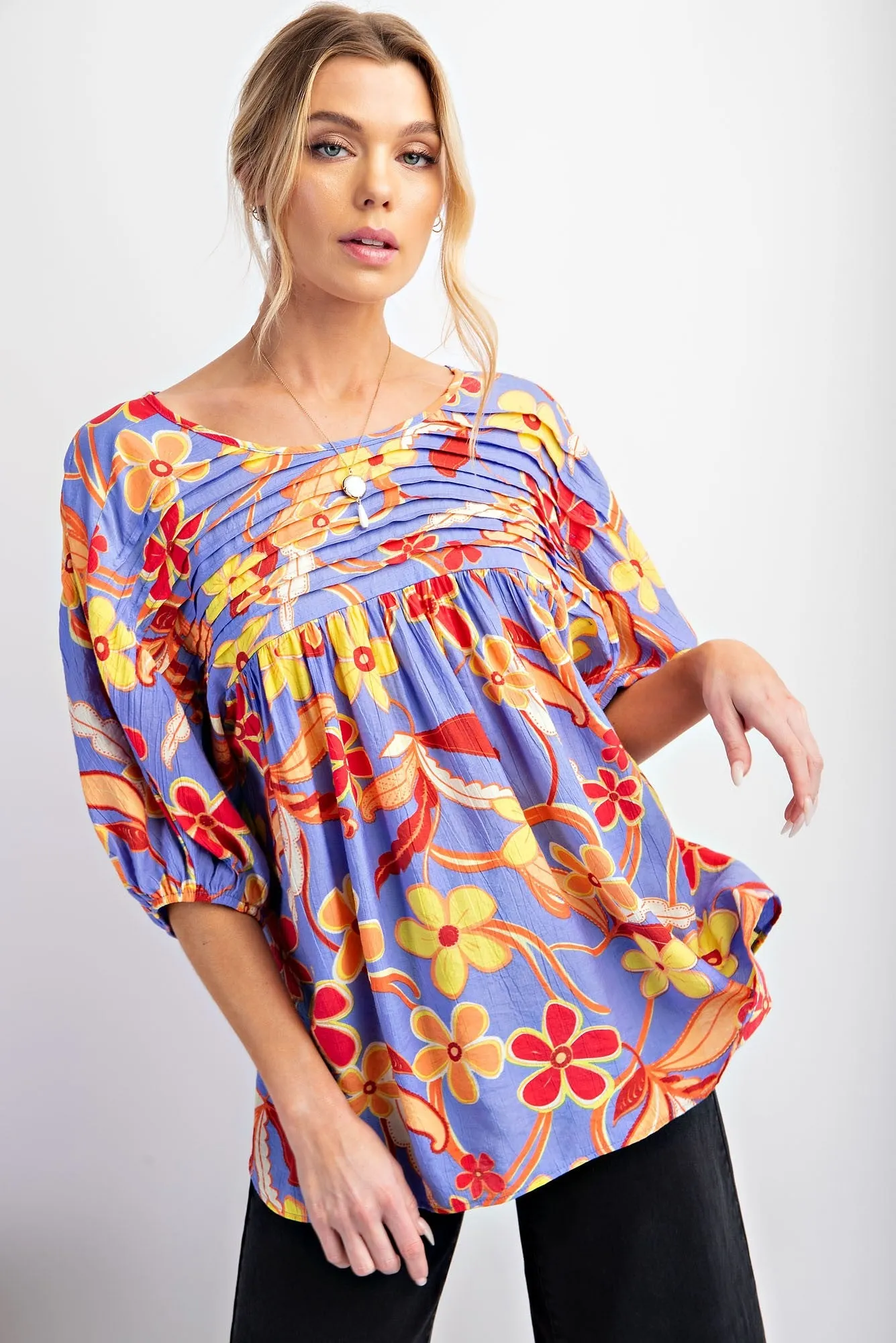 Easel Peach Blossom Print Top with Pintuck Details in Lilac Blue