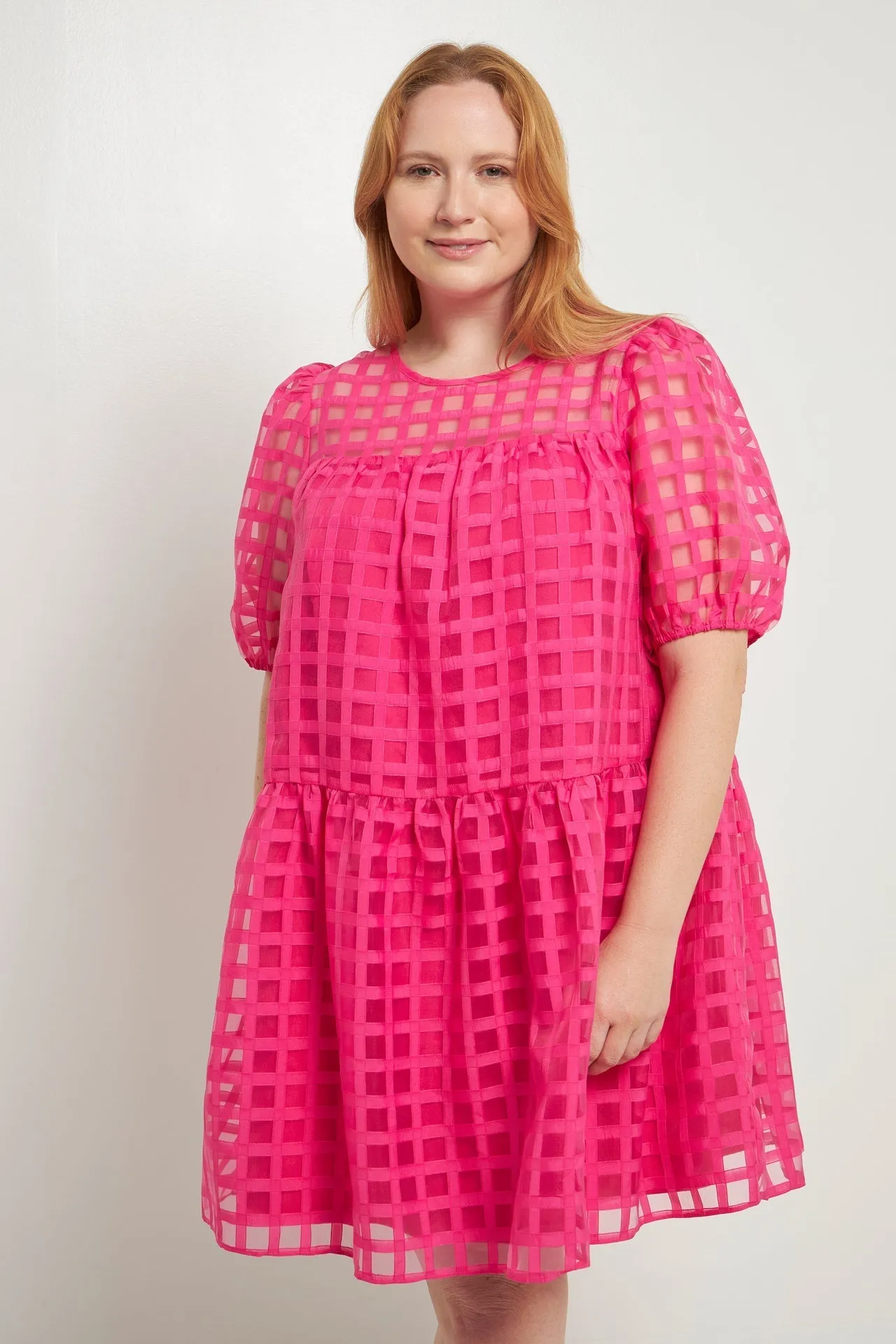 English Factory - Gridded Puff Sleeve Dress