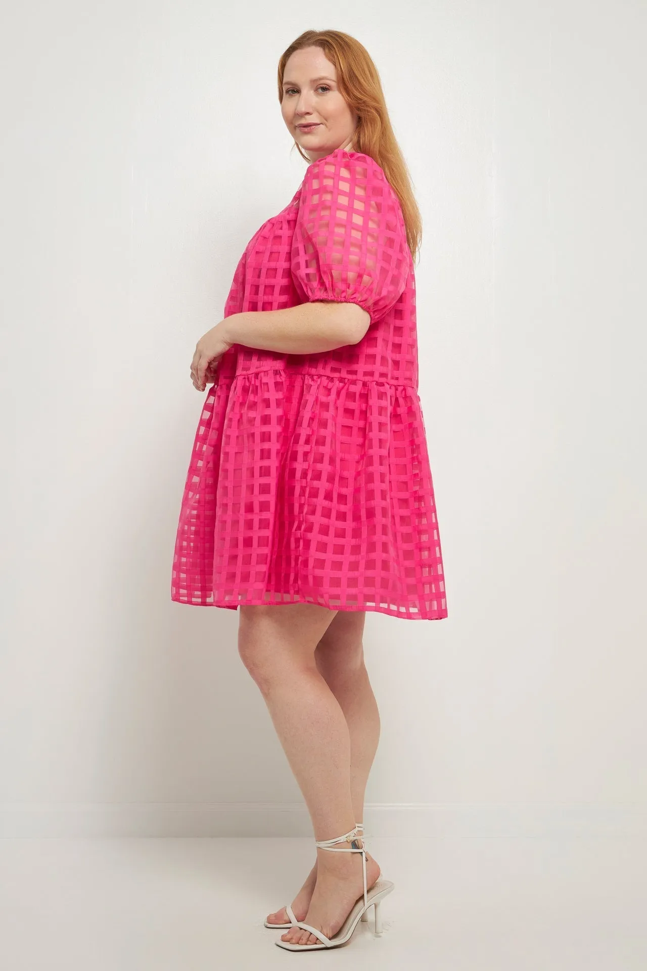 English Factory - Gridded Puff Sleeve Dress