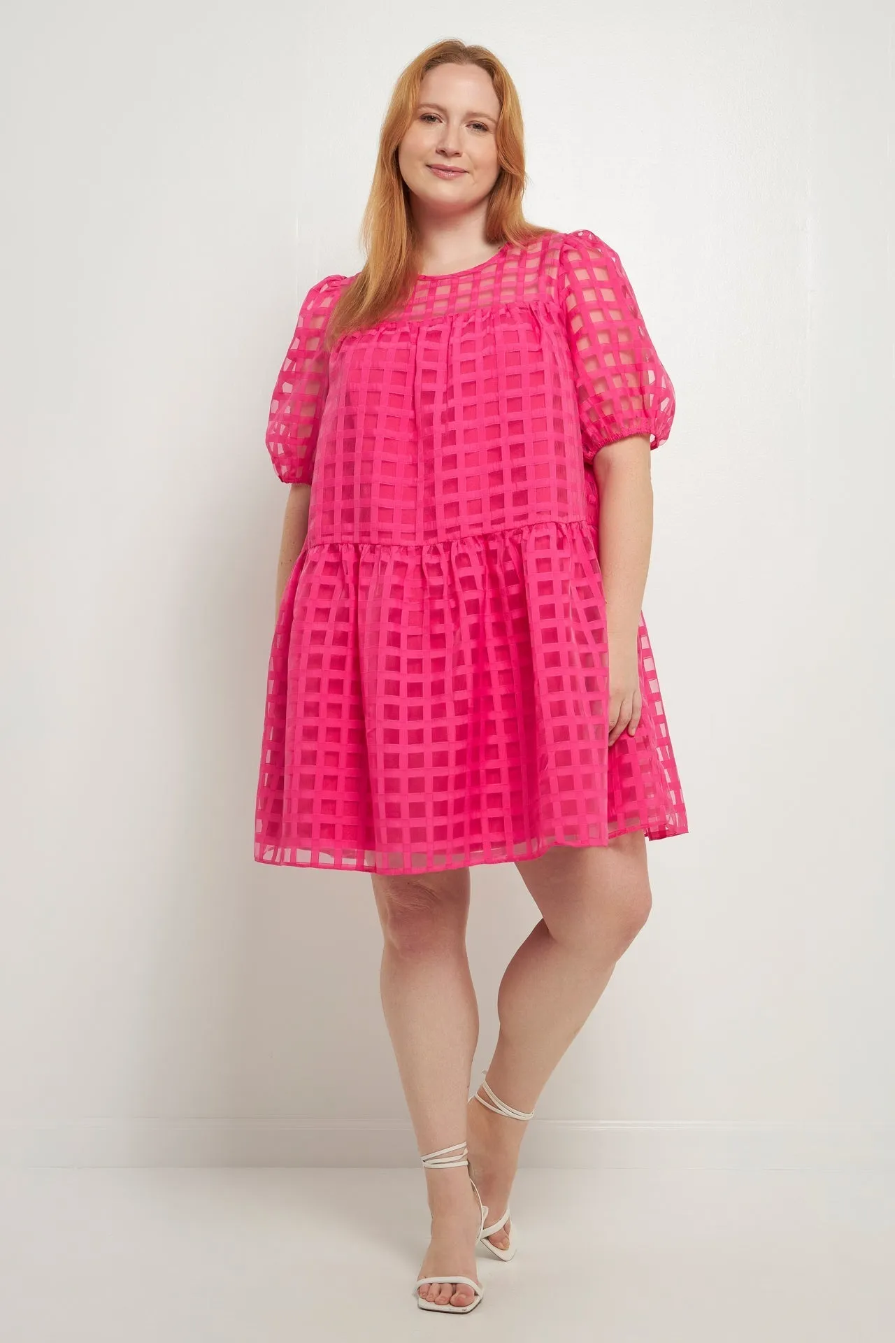 English Factory - Gridded Puff Sleeve Dress