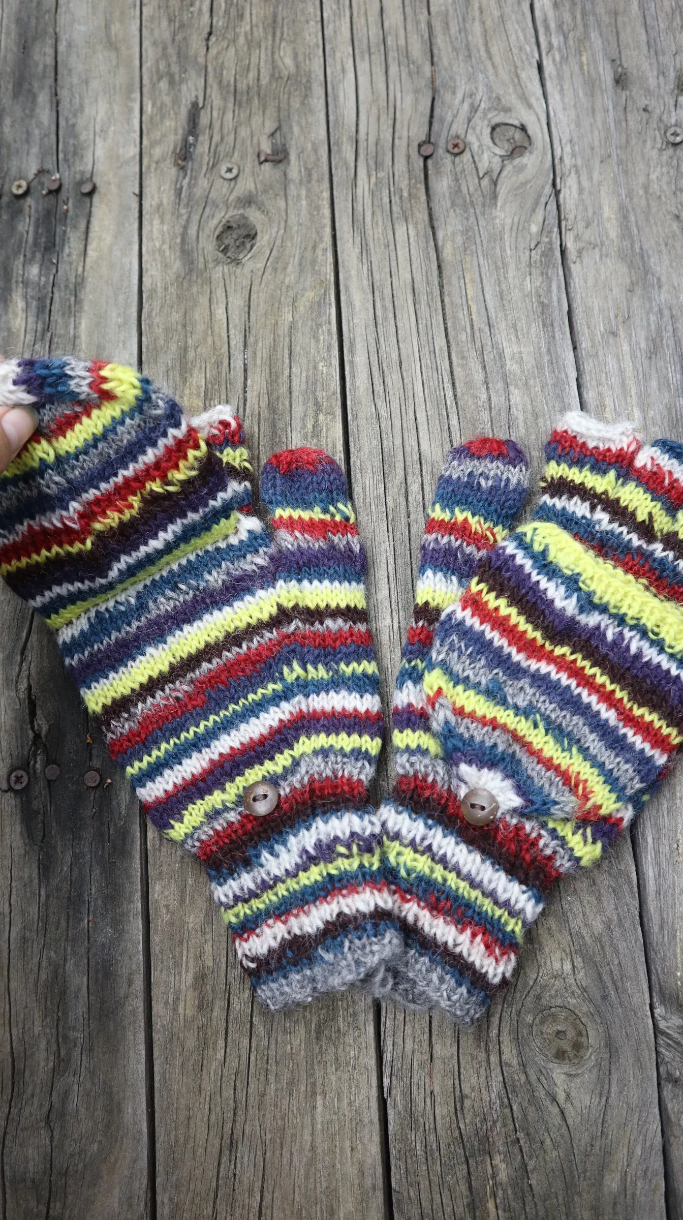 Fair Trade Ethical Adult Fingerless Gloves with Cap in Striped Design Yellows