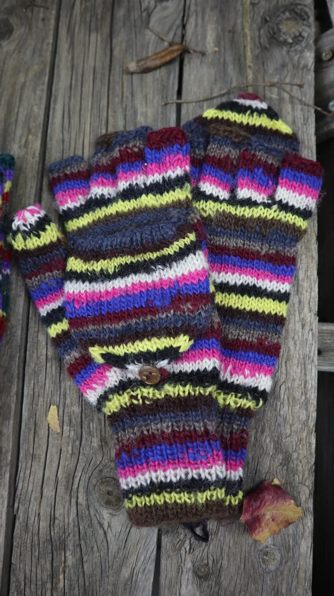 Fair Trade Ethical Adult Fingerless Gloves with Cap in Striped Design Yellows