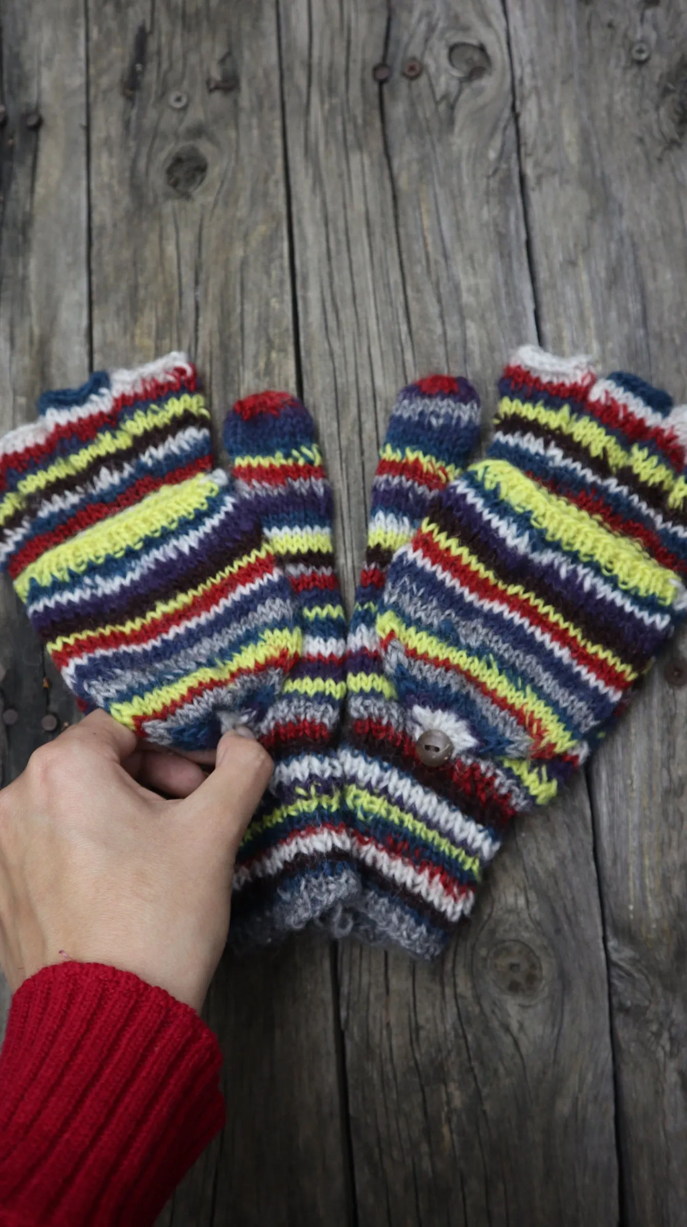 Fair Trade Ethical Adult Fingerless Gloves with Cap in Striped Design Yellows