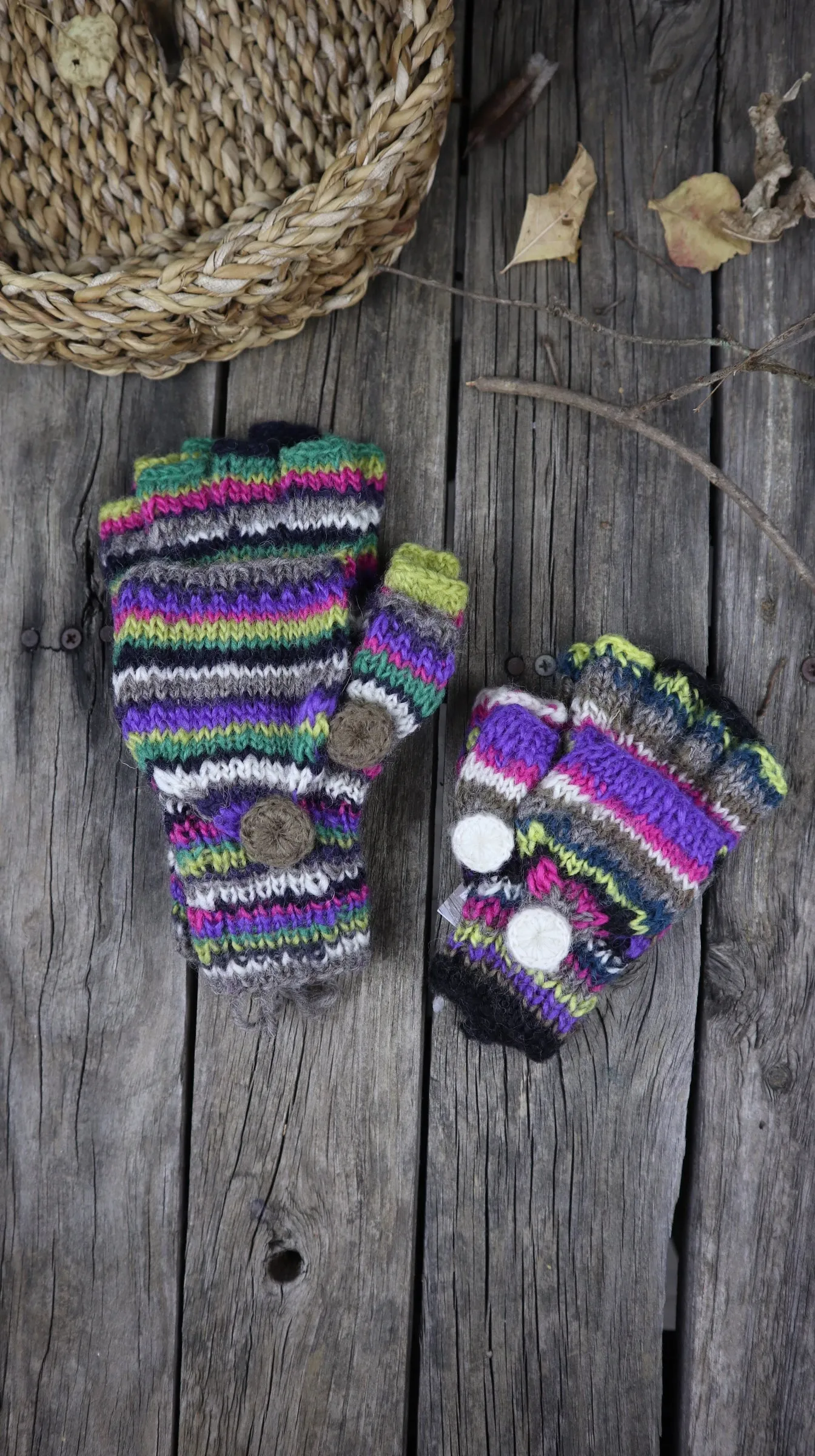 Fair Trade Ethical Children's Striped Fingerless Gloves with Cap in Pink, Purple, Yellow and Green