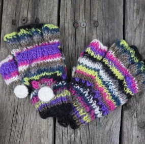 Fair Trade Ethical Children's Striped Fingerless Gloves with Cap in Pink, Purple, Yellow and Green