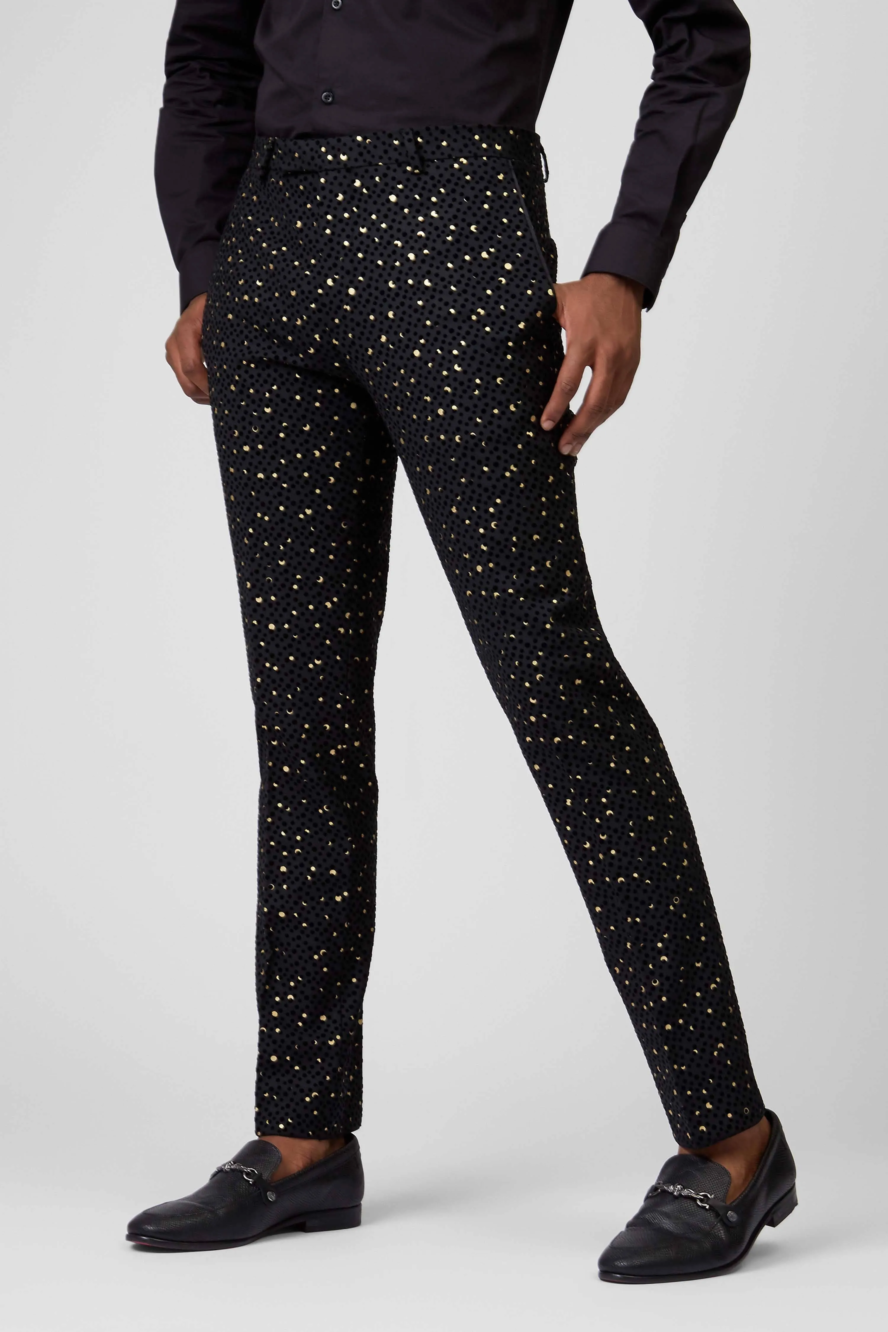 Farrow Skinny Fit Black Polka Dot Tuxedo Trousers