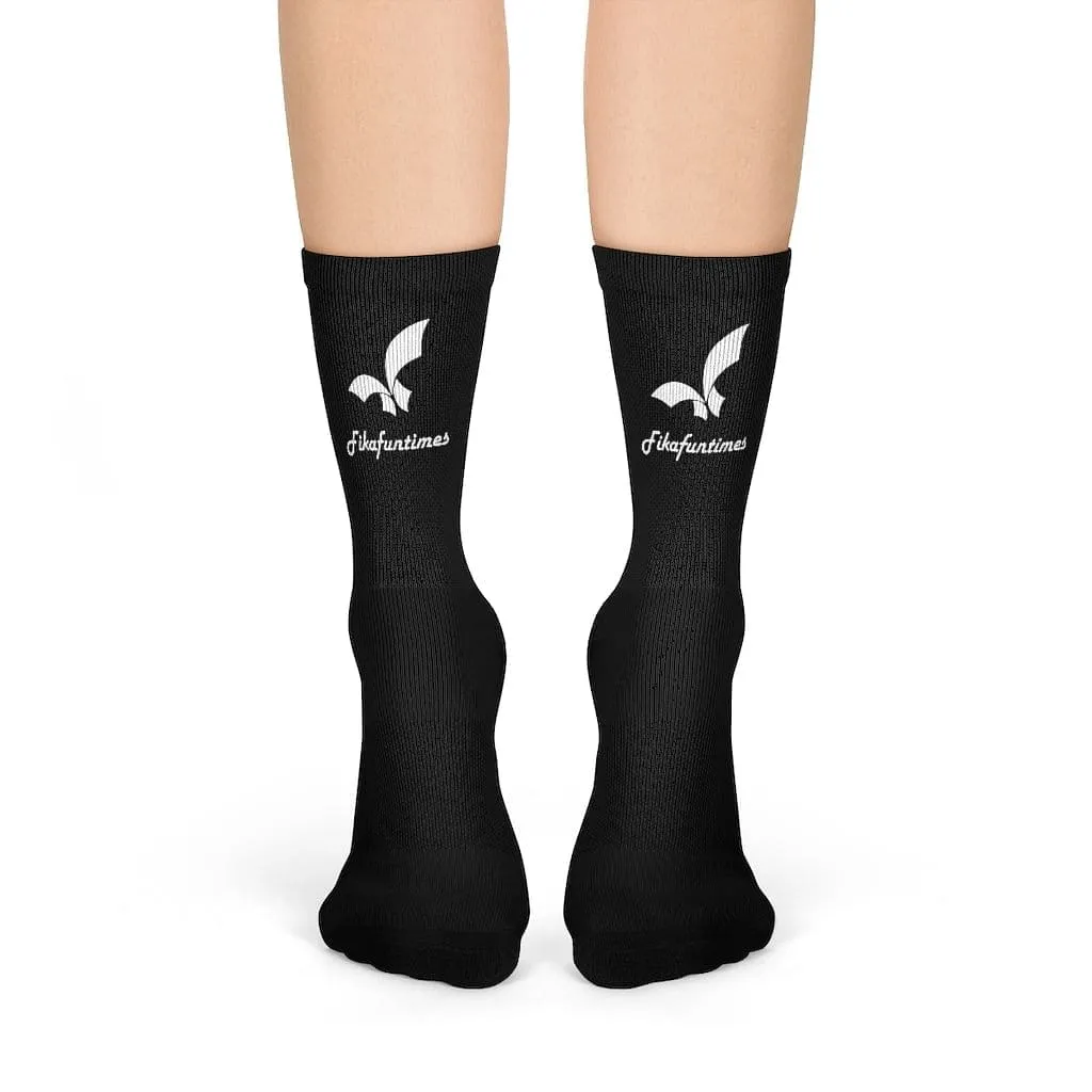 Fikafuntimes Logo Print Cushioned Mid-Calf Black Crew Socks