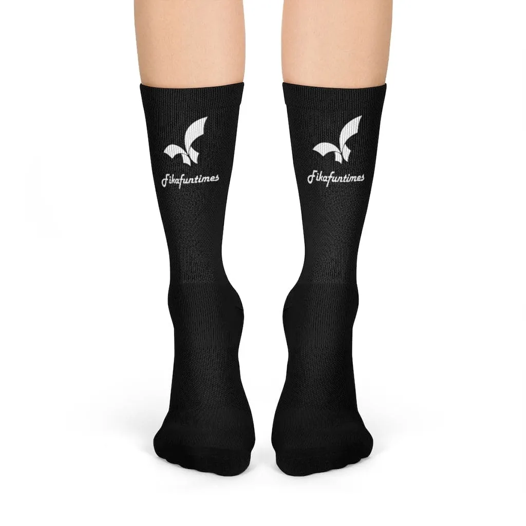 Fikafuntimes Logo Print Cushioned Mid-Calf Black Crew Socks