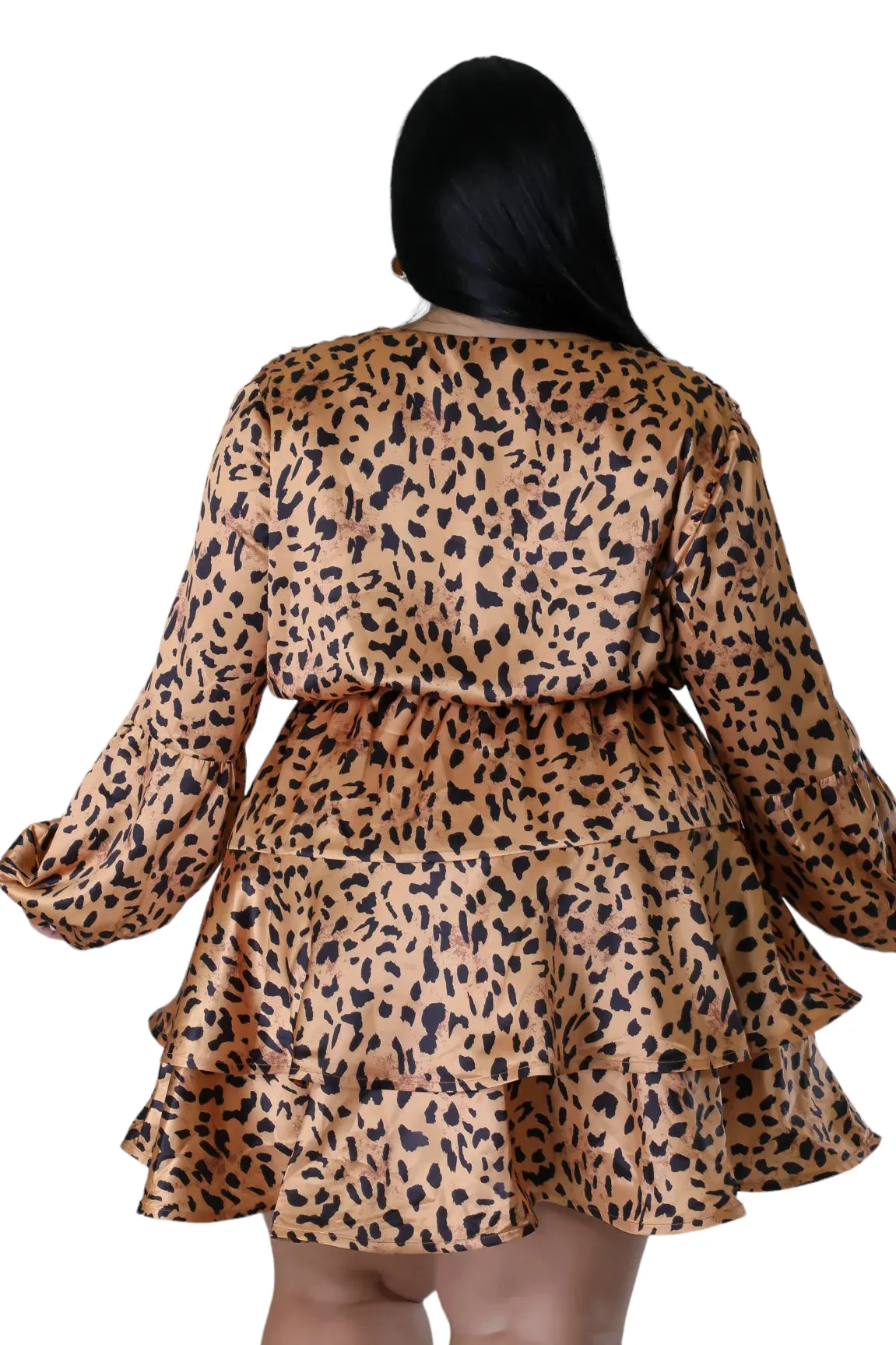 Final Sale Plus Size Satin Layered Ruffle Mini Dress in Brown Animal Print