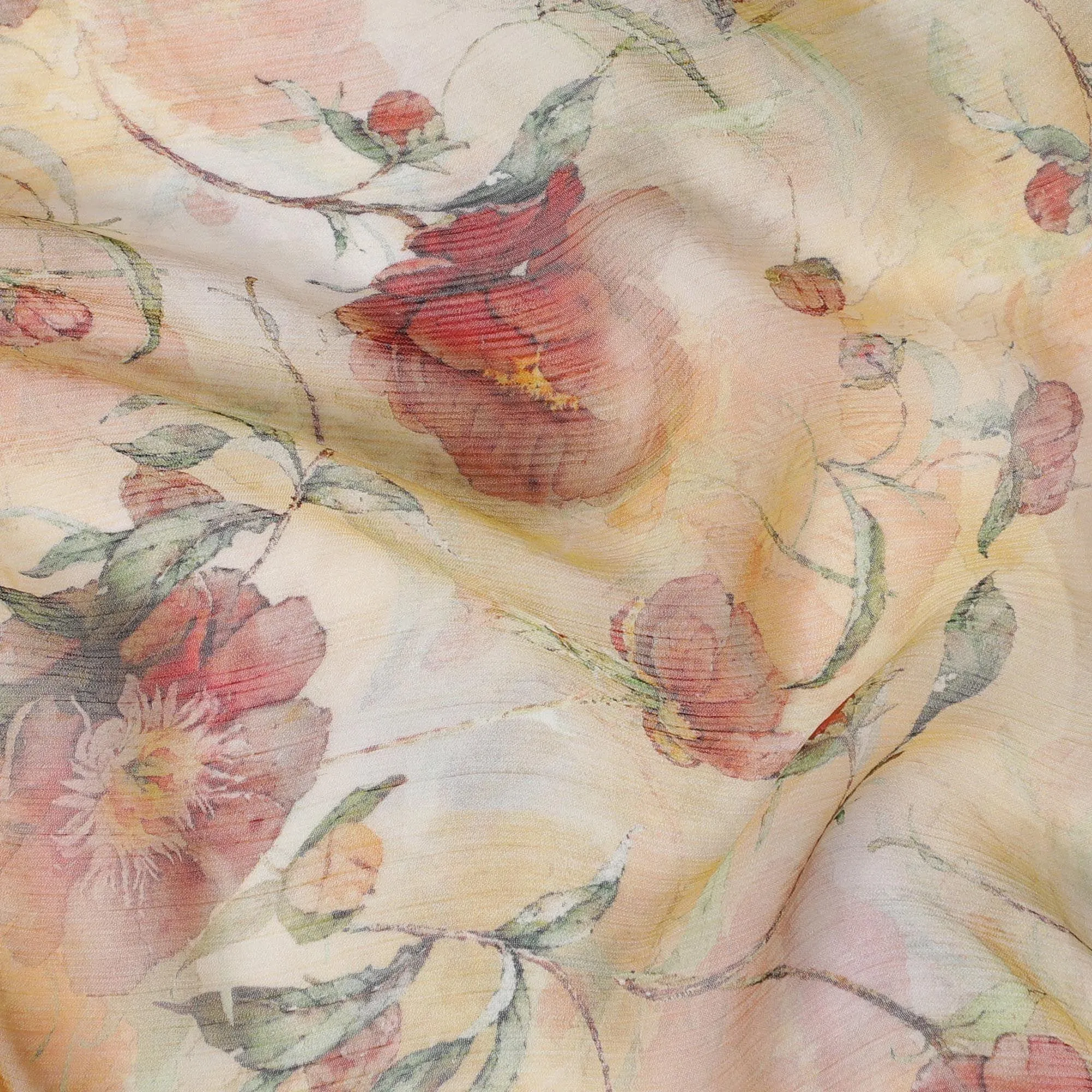 Flax yellow synthetic chiffon fabric with multicolor print in floral design-D13417