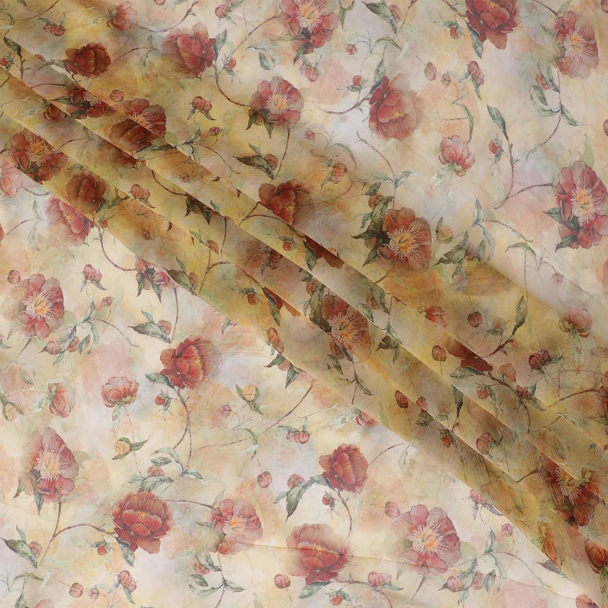 Flax yellow synthetic chiffon fabric with multicolor print in floral design-D13417