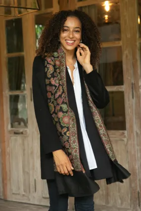 Floral Wool Shawl in Black from India - Midnight Posies | NOVICA