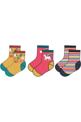 Frugi Little Socks 3 Pack, Pegasus Rainbow Flowers