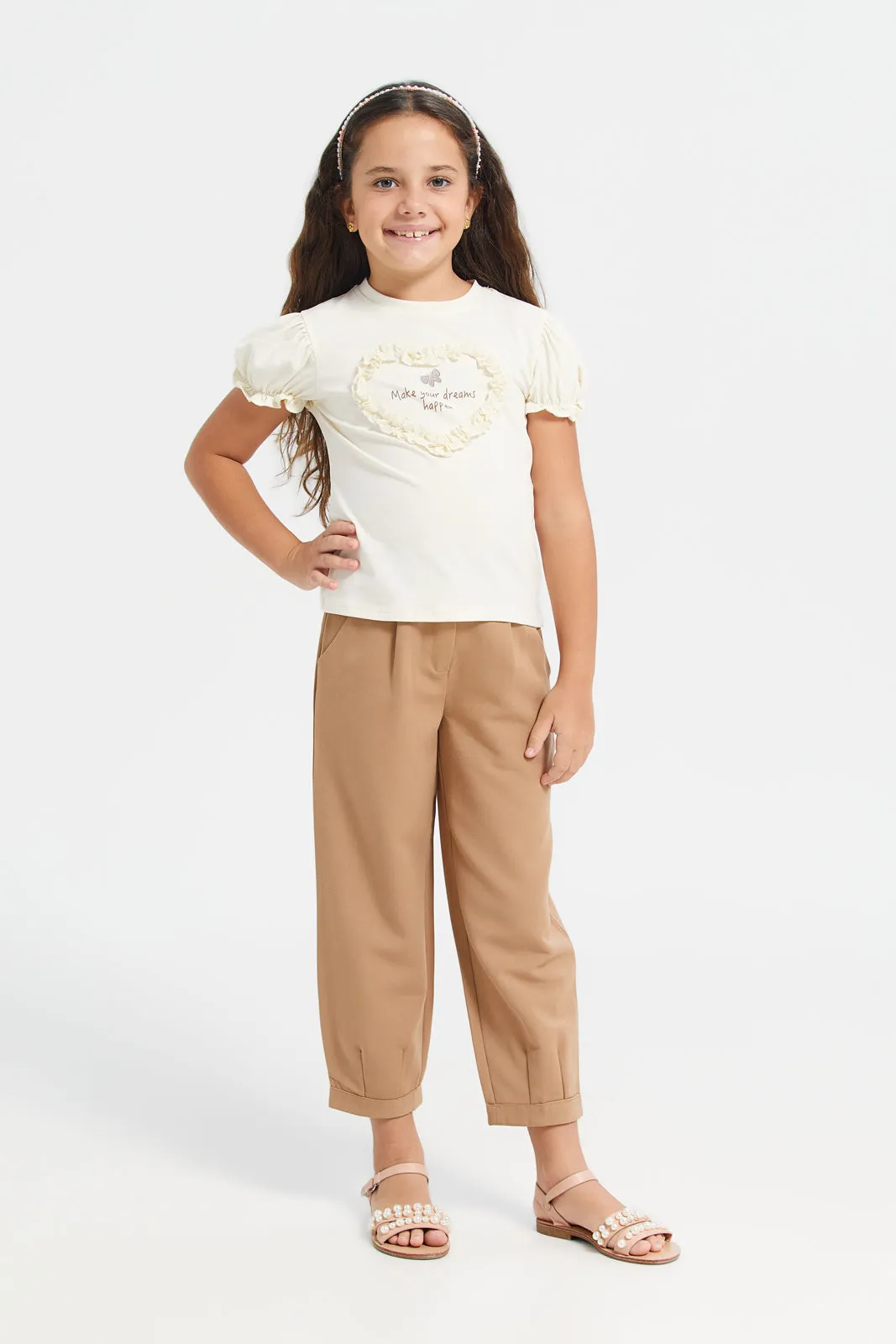 Girls Beige Pleated Trousers