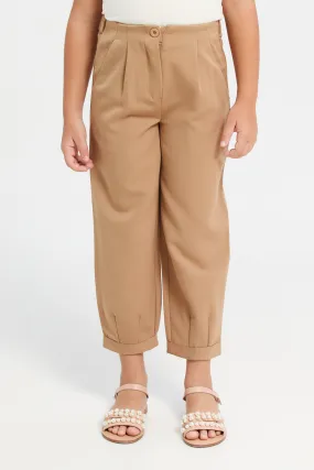 Girls Beige Pleated Trousers